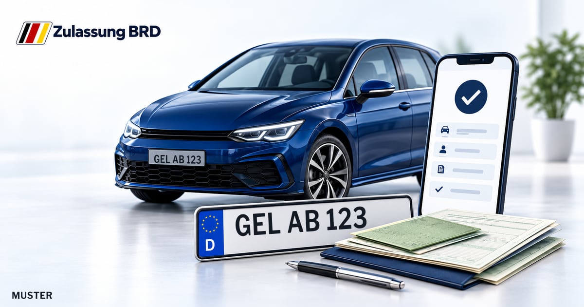 Online Fahrzeugzulassung in Goch: Musterkennzeichen GEL AB 123, Auto und Fahrzeugpapiere und Smartphone. Illustration mit Logo von Zulassung BRD.